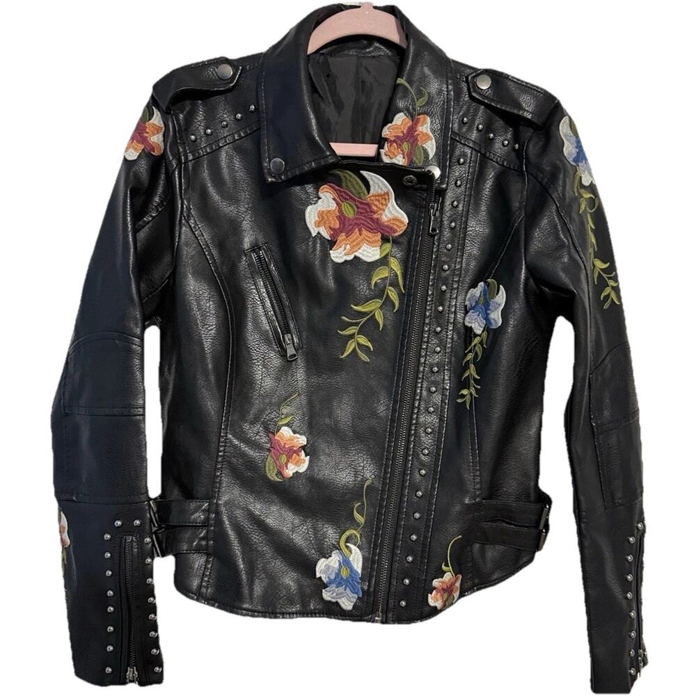 H&M Black Faux Leather Moto Jacket Floral Embroidered Studded Biker Women’s Sz M